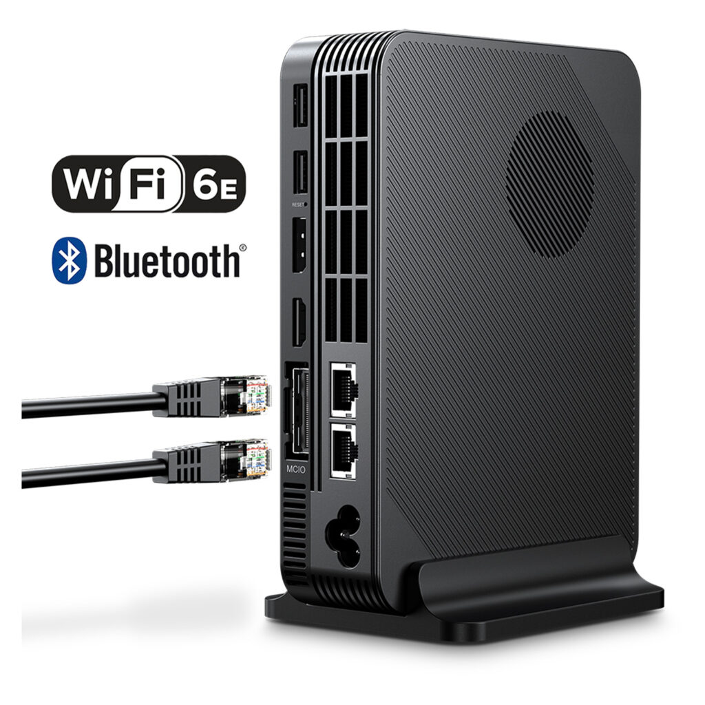 A marketing graphic of a GPD eGPU/docking station highlighting its connectivity. The rear panel is shown with various ports labeled, including two RJ45 Ethernet ports with cables pointed toward them, an MCIO (OCulink) port, HDMI, DisplayPort, and multiple USB-A ports. Icons for Wi-Fi 6E and Bluetooth indicate wireless capabilities.