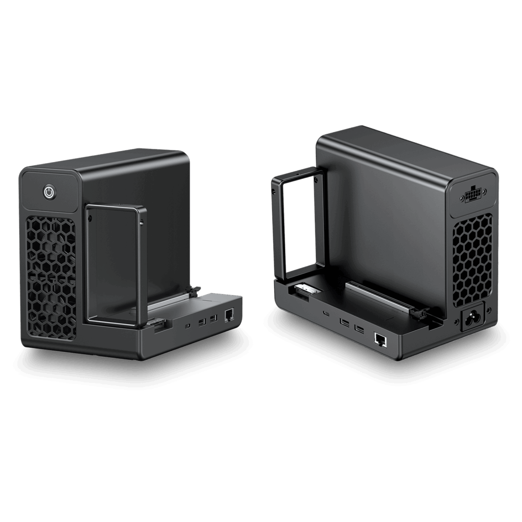 GPD G2 1 GPD G2 eGPU external graphics card enclosure, shown in two perspectives against a black background, with visible ports, power supply, and internal PCIe slot for custom GPU installation.