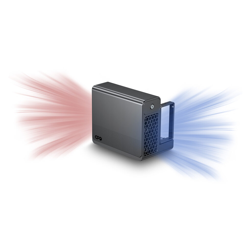 The GPD G2 external GPU enclosure in Gunmetal, featuring a visual representation of the active cooling system with blue intake and red exhaust airflow indicators.
