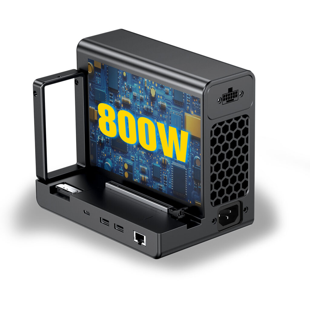 Rear view of the GPD G2 eGPU enclosure highlighting the internal 800W Gold-rated power supply, PCIe Gen 5 slot, and the 12V-2x6 GPU power connector interface.