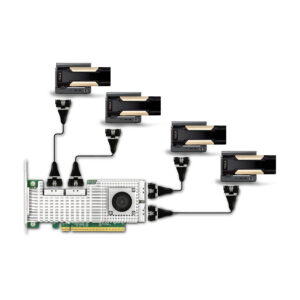 Technical diagram showing the GPD G2 connected to multiple NVIDIA Tesla data centre GPUs via MCIO 8i high-bandwidth cables.