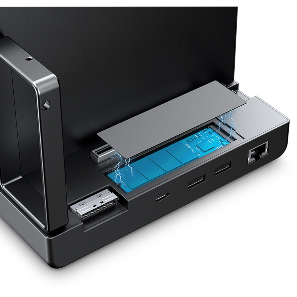 Close-up of the GPD G2 docking station base showing the integrated NVMe M.2 2280 SSD slot with a magnetic cover, surrounded by USB4 v2.0, USB Type-A, and Ethernet ports.