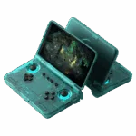 A transparent Ice Blue Retroid Pocket Flip 2 Handheld game console displaying internal circuitry, active-cooling vents, and vibrant LED-backlit analogue controls.