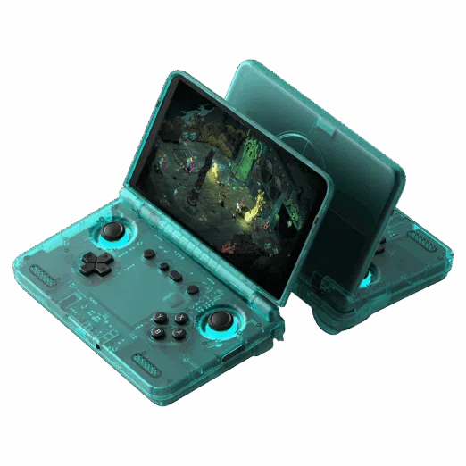A transparent Ice Blue Retroid Pocket Flip 2 Handheld game console displaying internal circuitry, active-cooling vents, and vibrant LED-backlit analogue controls.