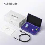 The complete Retroid Pocket Flip 2 packing list, including the Indigo handheld console, branded retail box, USB-C charging cable, and user manual.