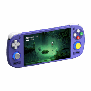 Purple handheld game console with left D-pad and analog stick, right A/B/X/Y buttons and yellow joystick; screen shows a green forest video game scene.