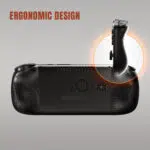 Handheld gaming console with a large ergonomic grip highlighted in orange, showcasing ergonomic design.