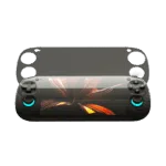 A high-resolution product render of the Retroid Pocket 5 gaming handheld on a black background. The device features a vibrant screen display and glowing teal rings around the dual joysticks. A semi-transparent screen protector is shown hovering above the device, illustrating how its custom cutouts align perfectly with the D-pad, action buttons, and joysticks.