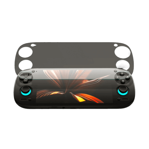 A high-resolution product render of the Retroid Pocket 5 gaming handheld on a black background. The device features a vibrant screen display and glowing teal rings around the dual joysticks. A semi-transparent screen protector is shown hovering above the device, illustrating how its custom cutouts align perfectly with the D-pad, action buttons, and joysticks.