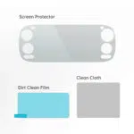 Illustration of a curved screen protector labeled 'Screen Protector' with two accessories below: blue Dirt Clean Film and a gray Clean Cloth swatch.