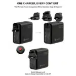 All-in-one 140W charger with interchangeable EU, UK, and AUS plug heads and quick-release lock for easy swapping.