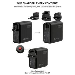 All-in-one 140W charger with interchangeable EU, UK, and AUS plug heads and quick-release lock for easy swapping.