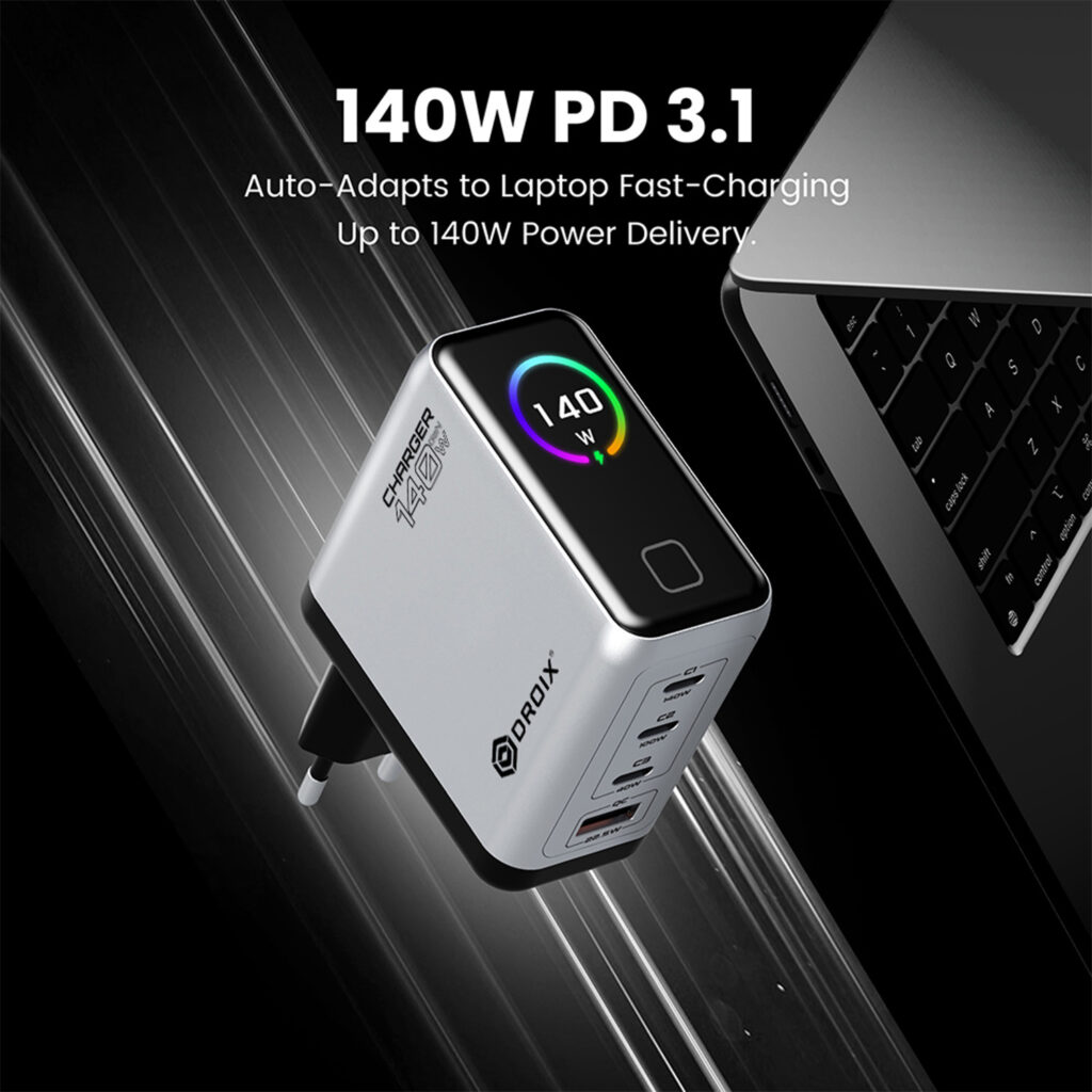 A close-up shot of the silver DROIX 140W charger showing its four ports and integrated visual display. The text emphasizes "140W PD 3.1" technology, highlighting its ability to auto-adapt and fast-charge high-performance laptops.