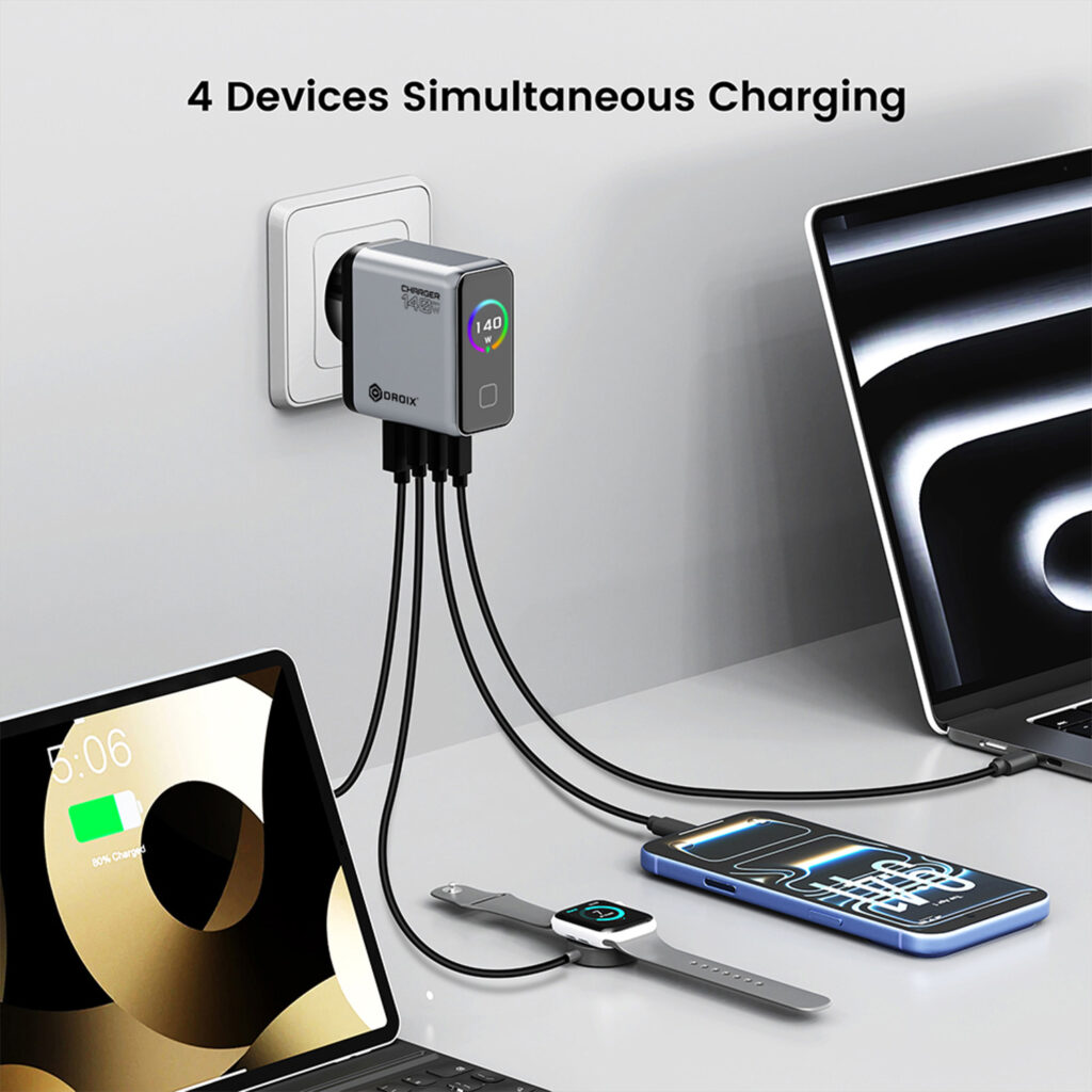 A DROIX 140W USB-C Wall Charger plugged into a wall socket, simultaneously charging four devices including a laptop, tablet, smartphone, and smartwatch. The image highlights the "4 Devices Simultaneous Charging" capability with four cables connected to the bottom of the unit.