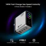 White multi-port charger with four ports (three USB-C, one USB-A) and 140W fast charging, set against a dark gradient background with neon accents.