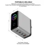 Compact 71mm-square multi-port charger with four output ports and a sleek gray finish, illustrating portability and space-saving design, plus the slogan 'One Charger, 4 Devices Save Space, Lose the Weight'