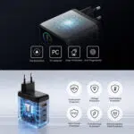 Power adapter with hex-patterned top and four feature icons: Fire Retardant, PC Material, Drop-Protection, Anti-Fingerprints.