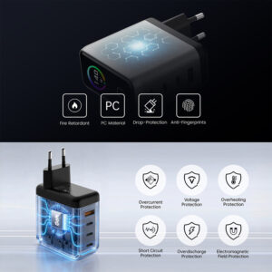 Power adapter with hex-patterned top and four feature icons: Fire Retardant, PC Material, Drop-Protection, Anti-Fingerprints.