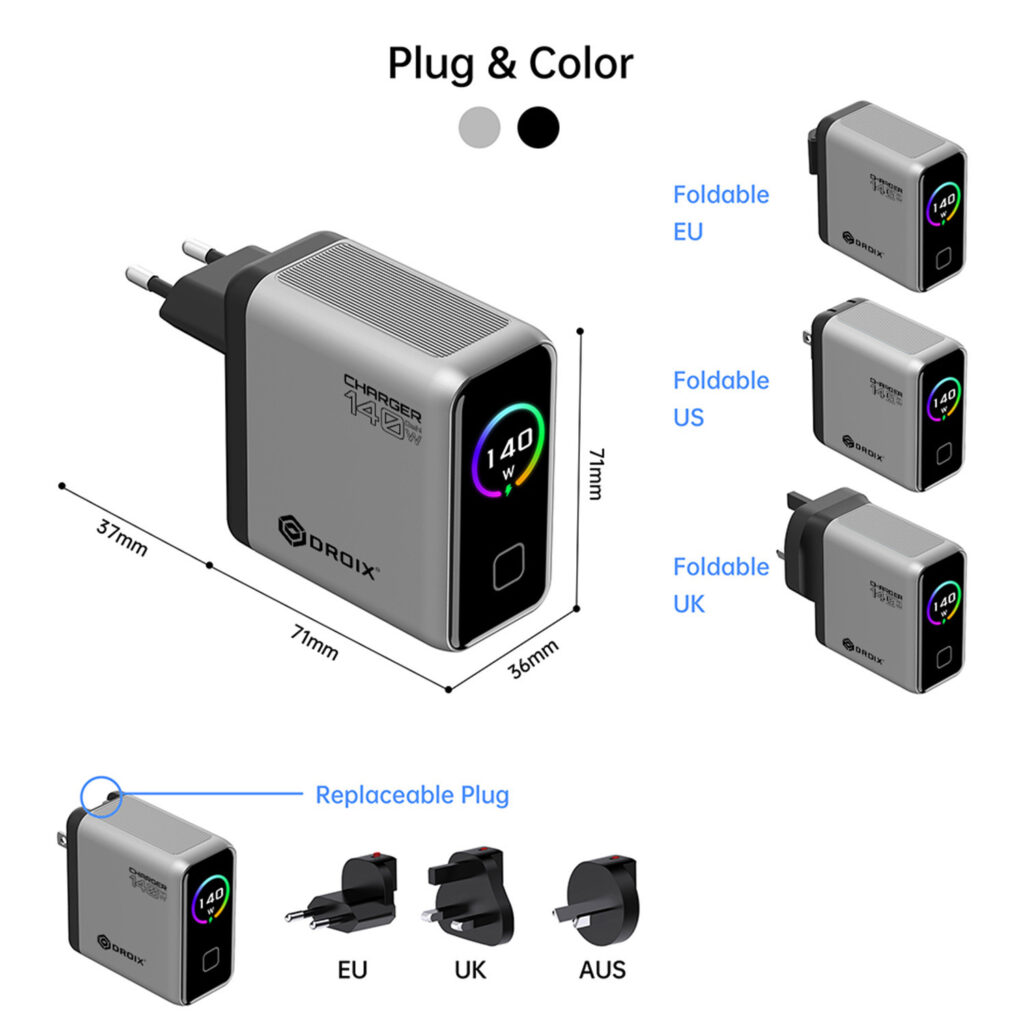 Droix 140W charger with foldable EU/US plug options and dimensions shown on a white background